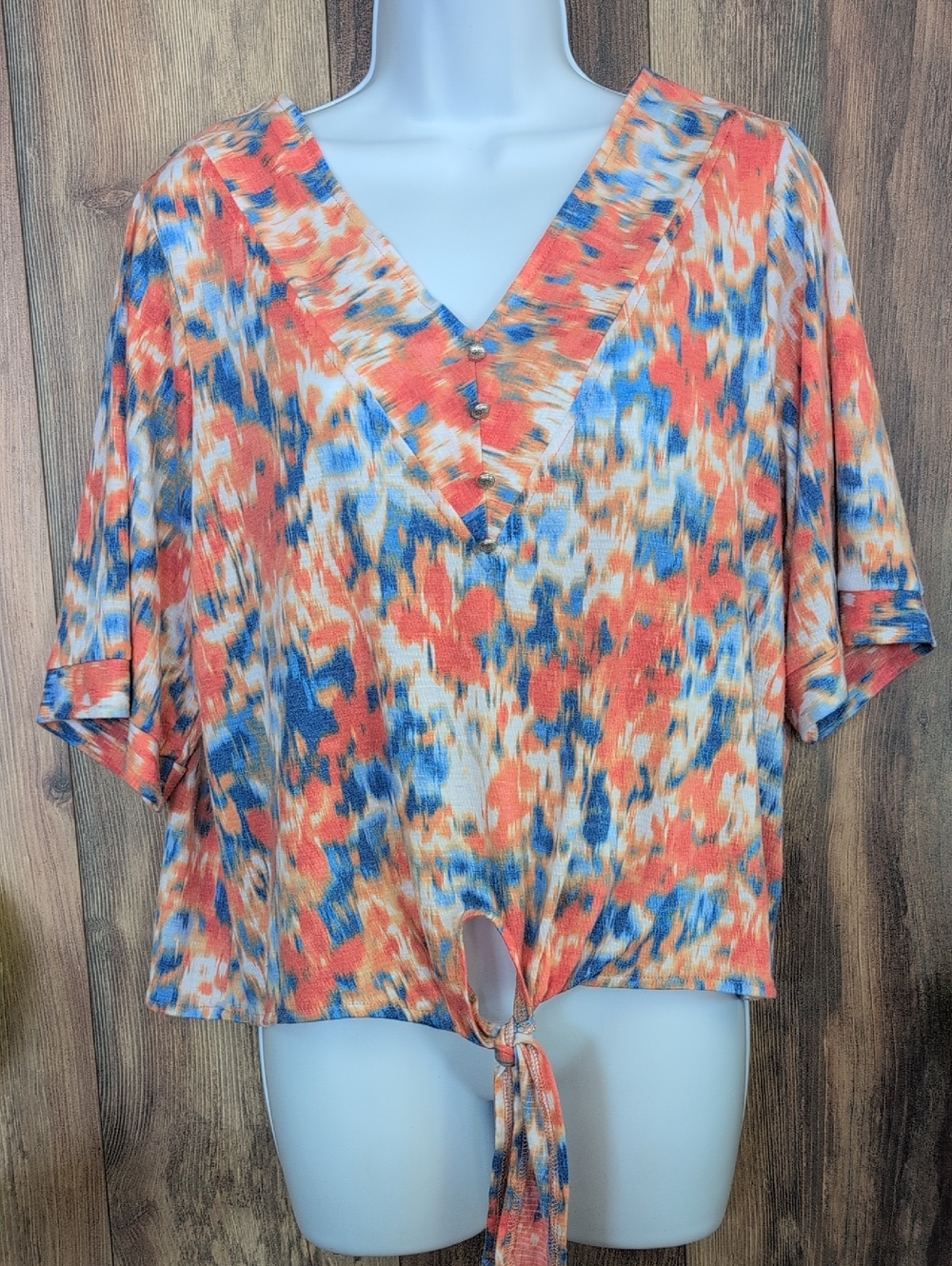 Skye's the Limit Coral Blue Multicolor V-Neck Tie-Front Blouse L F287
